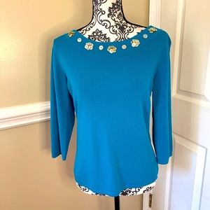 JAC, Women's Knit Top, teal Blue 3/4 Sleeve, size Lg.